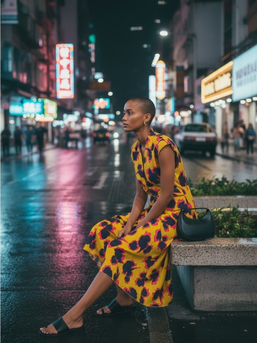 Sleeveless Silk Yellow Midi Dress with Pink & Purple Floral Print